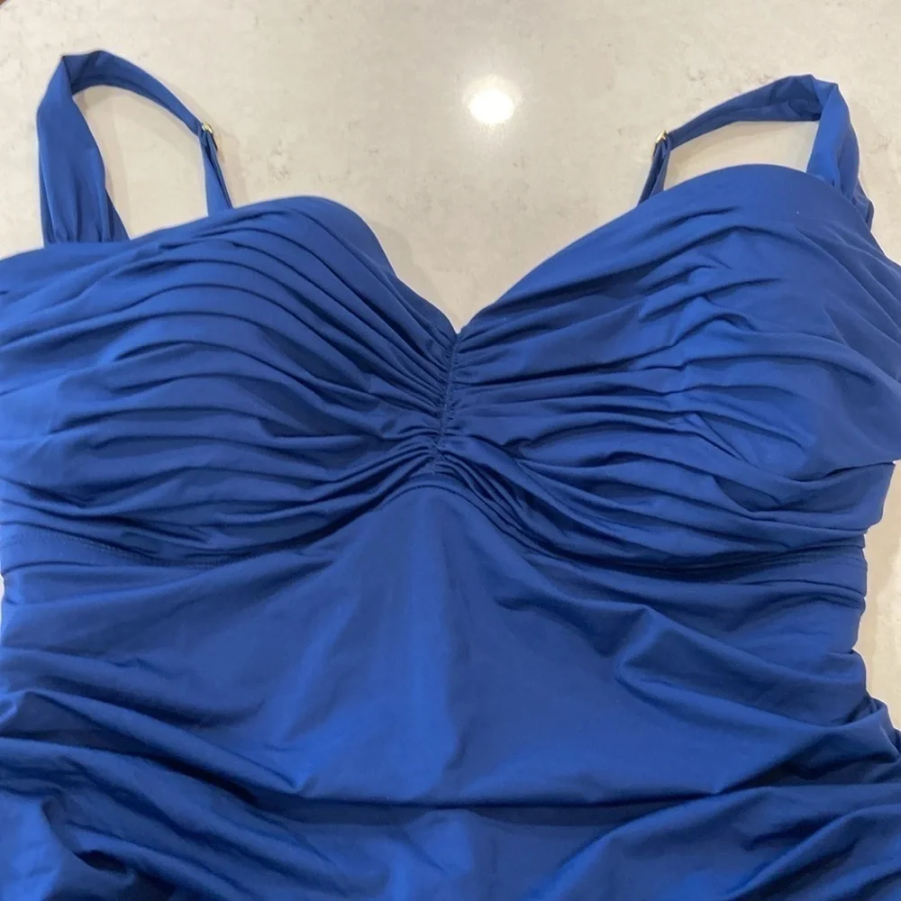 NWT Bleu by Rod Beattie Underwire Ruched One-Piece Swim Dress Swimsuit Blue16W
